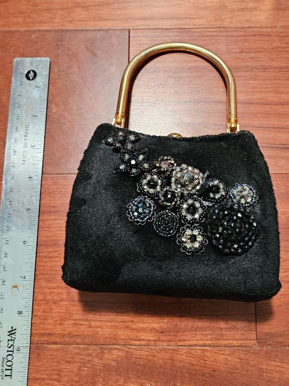 Vintage Black Velvet Evening Bag | Gold-Tone Handle | Beaded Floral Embellishmen